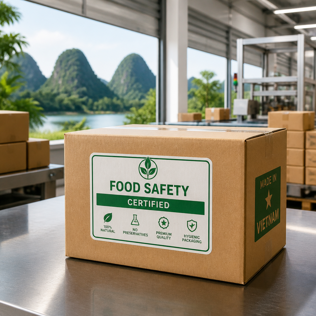 Biểu tượng chứng nhận an toàn thực phẩm trên hộp carton