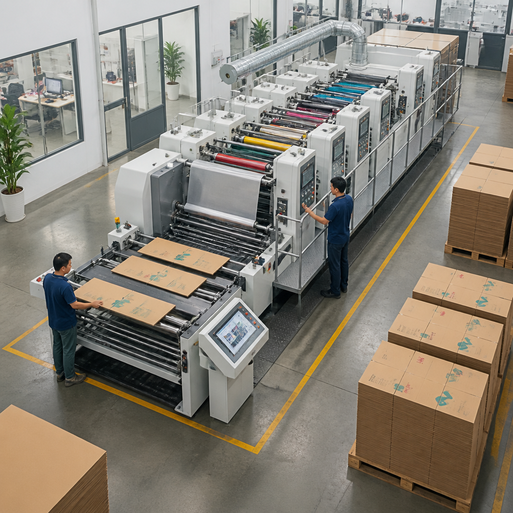 Máy in flexo đang in hình ảnh lên bề mặt thùng carton