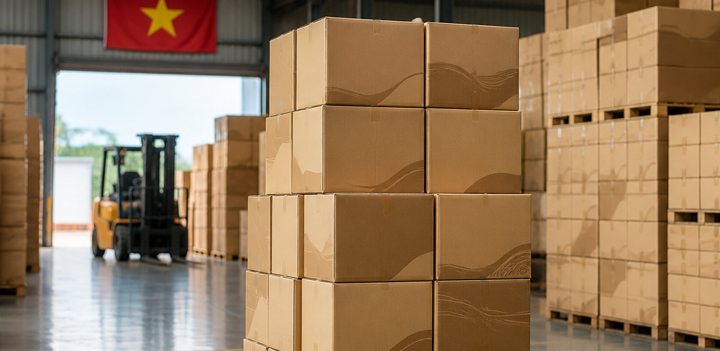 Hình ảnh các chồng thùng carton giá rẻ trong kho hàng, sẵn sàng phục vụ nhu cầu khách hàng