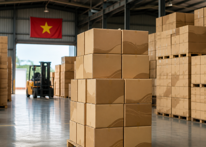 Hình ảnh các chồng thùng carton giá rẻ trong kho hàng, sẵn sàng phục vụ nhu cầu khách hàng