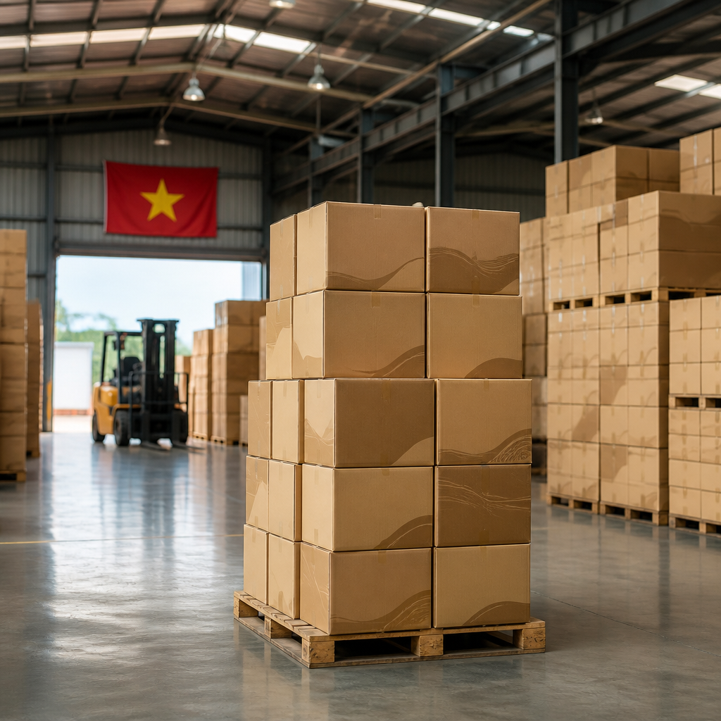 Hình ảnh các chồng thùng carton giá rẻ trong kho hàng, sẵn sàng phục vụ nhu cầu khách hàng