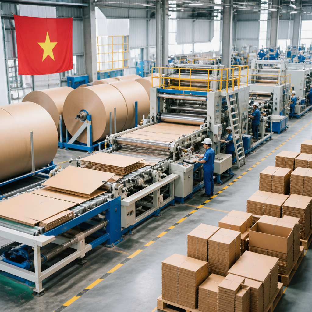 Quy trình sản xuất thùng carton với các cuộn giấy và máy móc hiện đại