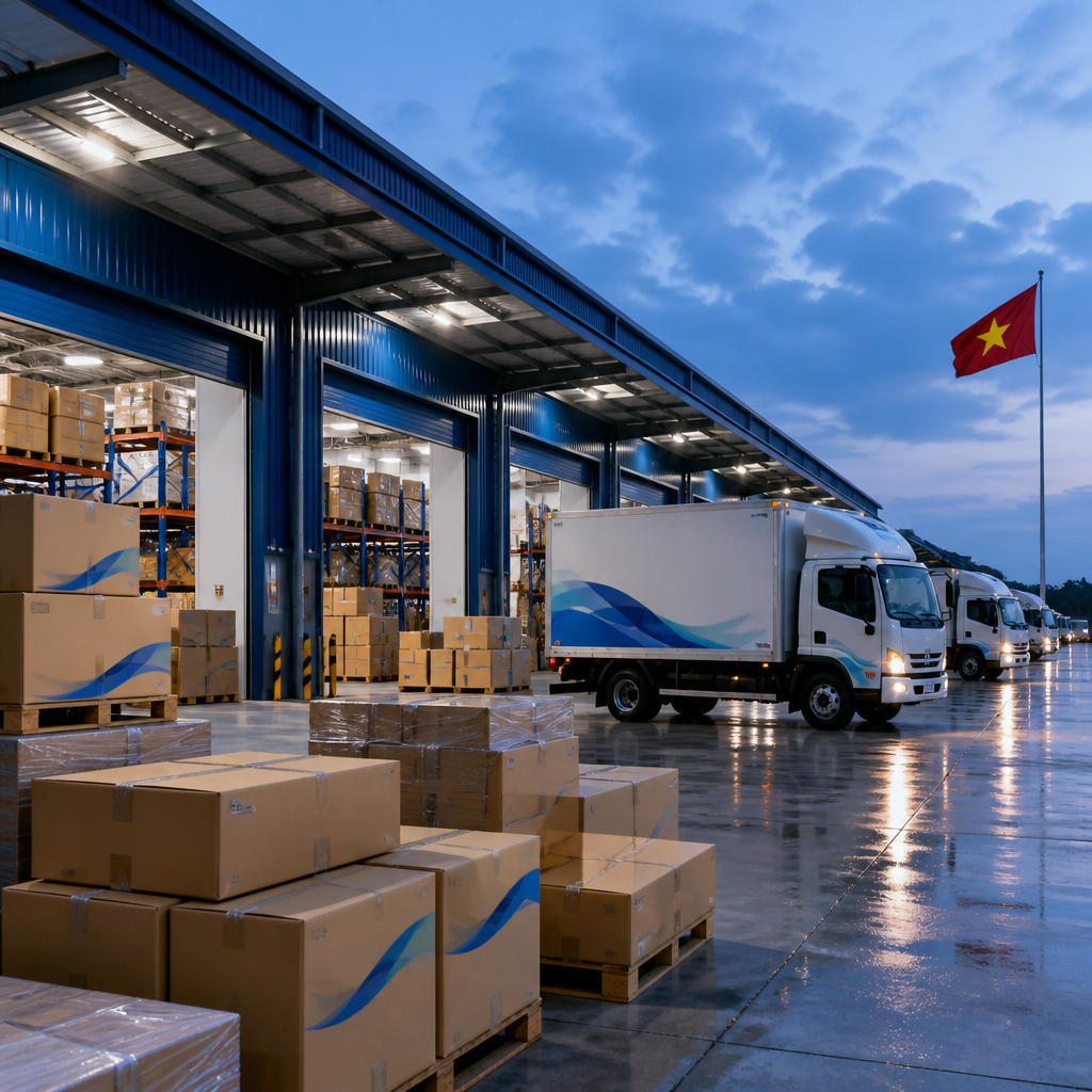 Kho bãi rộng lớn chứa nhiều loại thùng carton, sẵn sàng giao hàng nhanh chóng