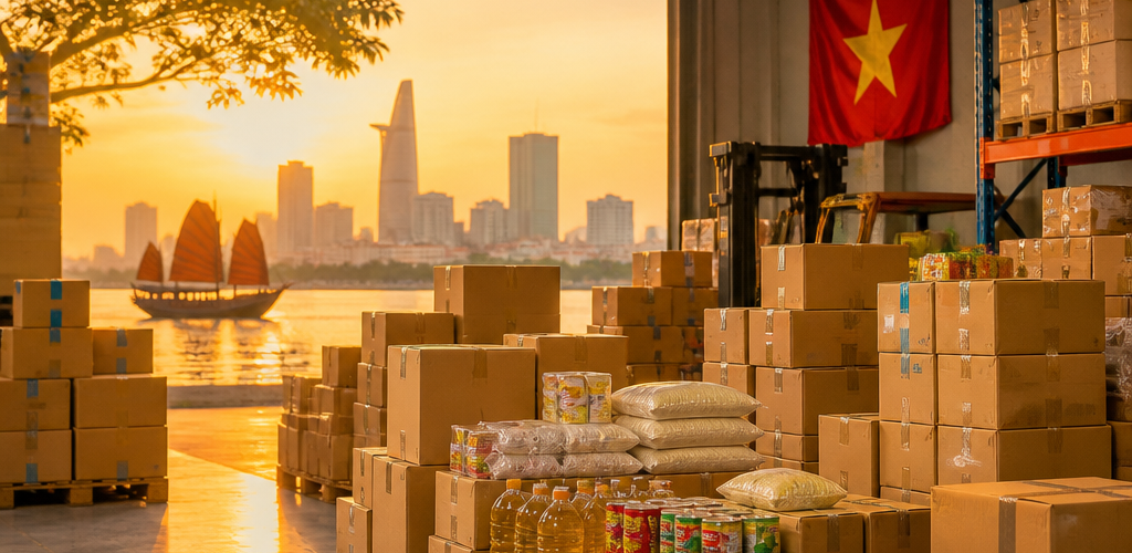 Một chồng thùng carton chứa hàng hóa đa dạng, sẵn sàng cho vận chuyển