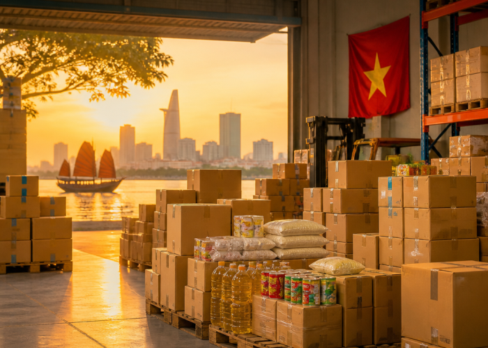 Một chồng thùng carton chứa hàng hóa đa dạng, sẵn sàng cho vận chuyển