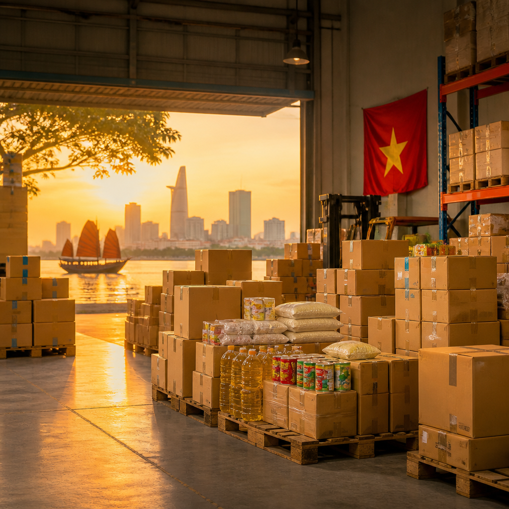 Một chồng thùng carton chứa hàng hóa đa dạng, sẵn sàng cho vận chuyển
