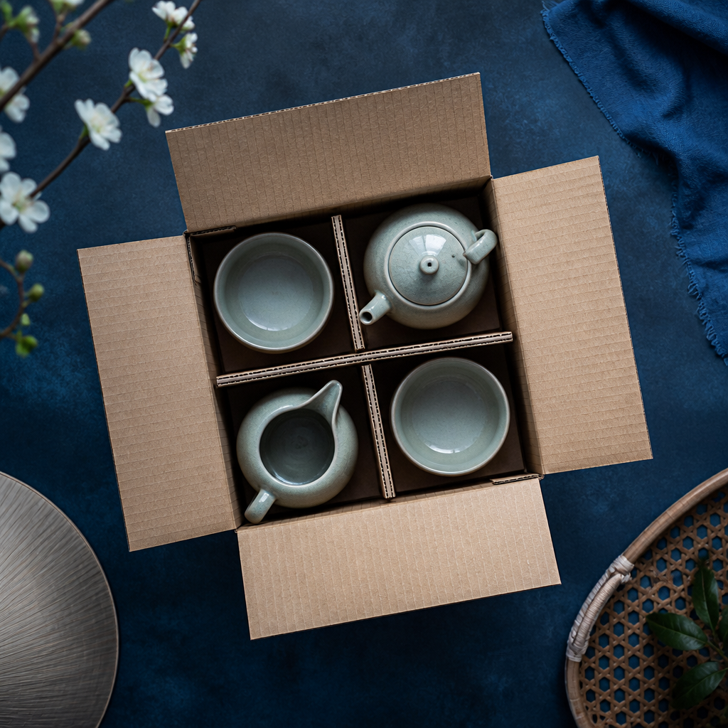 Đồ gốm sứ dễ vỡ được đóng gói cẩn thận trong thùng carton với vật liệu đệm