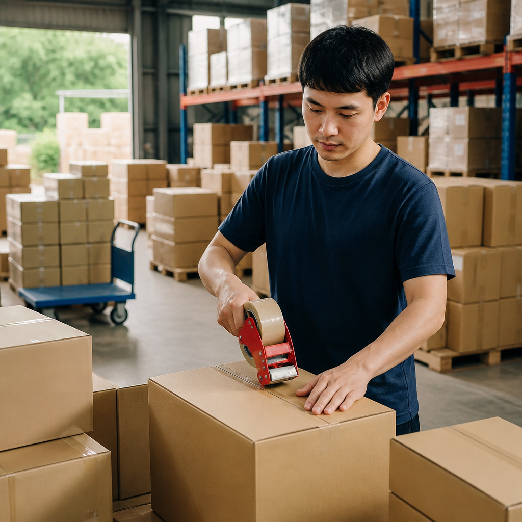Nhân viên đang dán băng keo chắc chắn một thùng carton theo kỹ thuật đóng gói an toàn