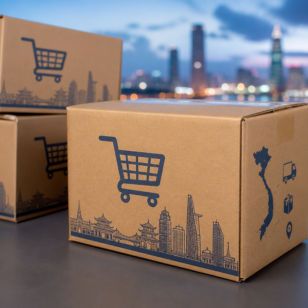 Thùng carton đóng gói sản phẩm có in logo thương hiệu, phục vụ ngành thương mại điện tử