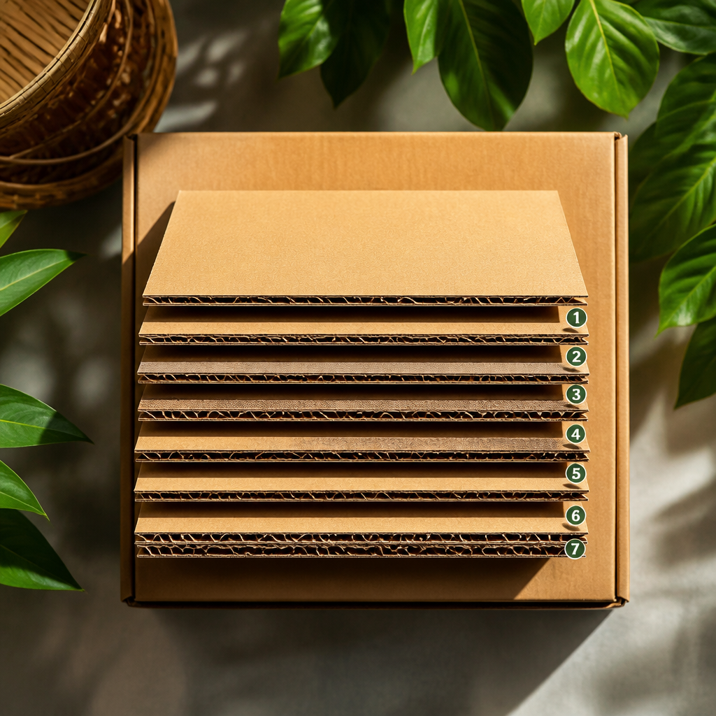 Cấu trúc thùng carton 7 lớp với các lớp sóng và lớp giấy phẳng xen kẽ, minh họa độ dày và độ bền