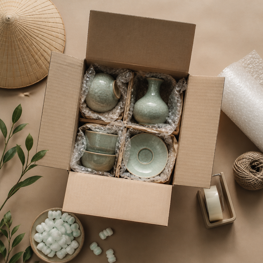 Hộp carton 7 lớp chứa các vật phẩm dễ vỡ như ly thủy tinh, đồ gốm và thiết bị điện tử được đóng gói cẩn thận