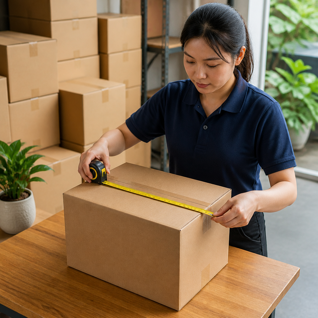 Người đang đo kích thước bên trong của một thùng carton để chọn cỡ phù hợp