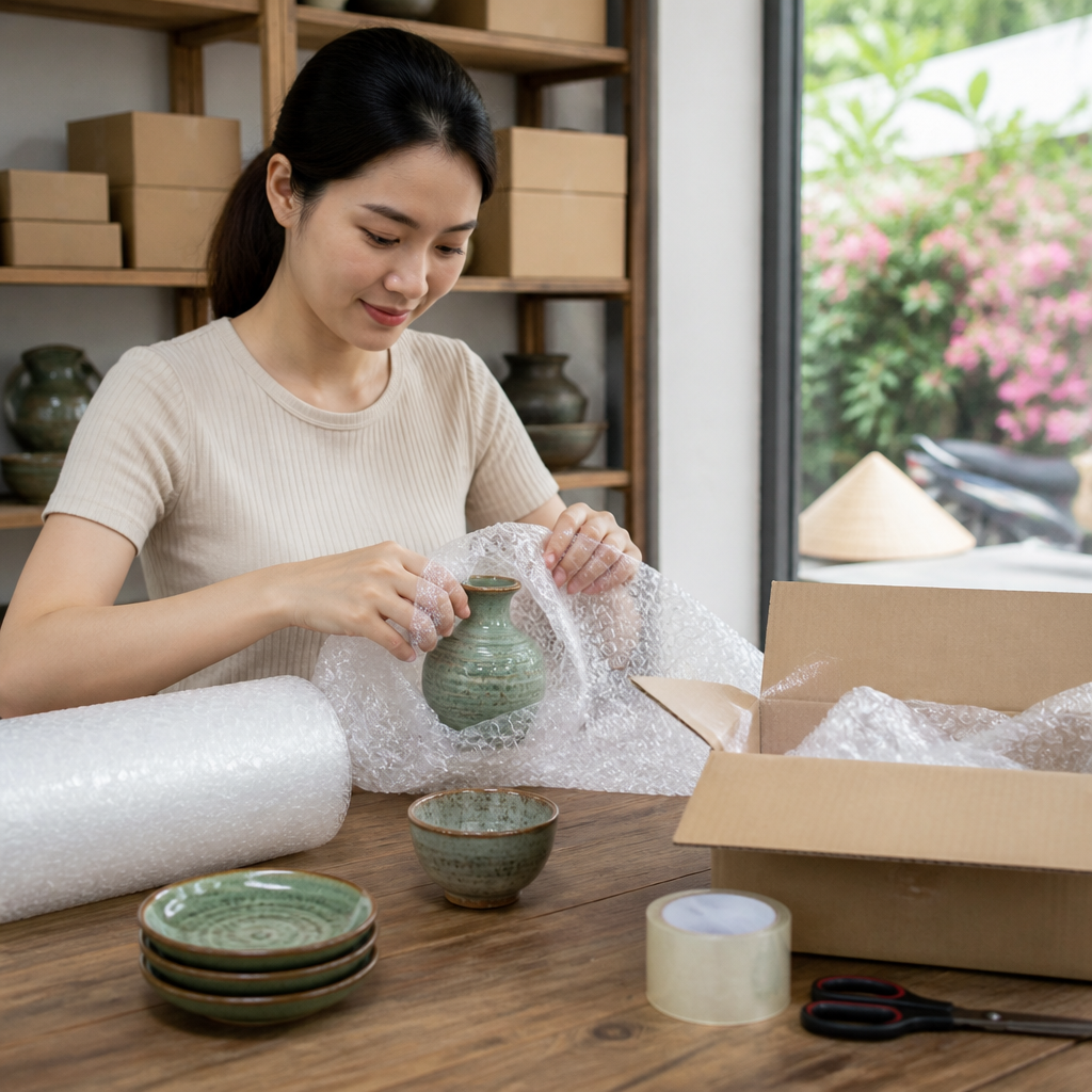 Đóng gói một chiếc bình hoa gốm sứ bằng màng bọc bong bóng và đặt vào thùng carton