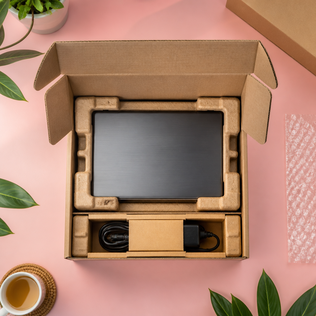 Thùng carton 7 lớp được dán nhãn 'Fragile' và chứa một thiết bị điện tử được bọc xốp cẩn thận