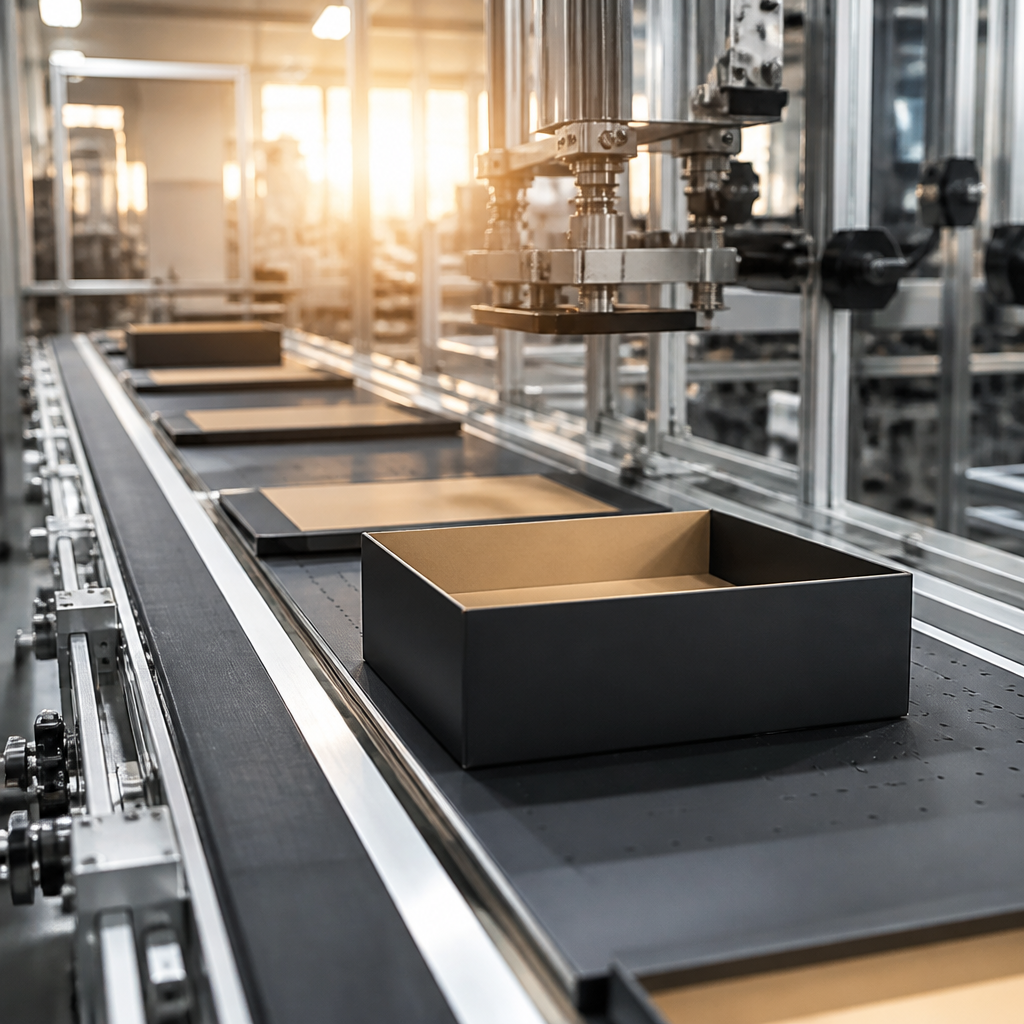 Quy trình sản xuất hộp carton cứng với các tấm giấy được cắt và gấp tỉ mỉ, thể hiện công đoạn gia công chuyên nghiệp
