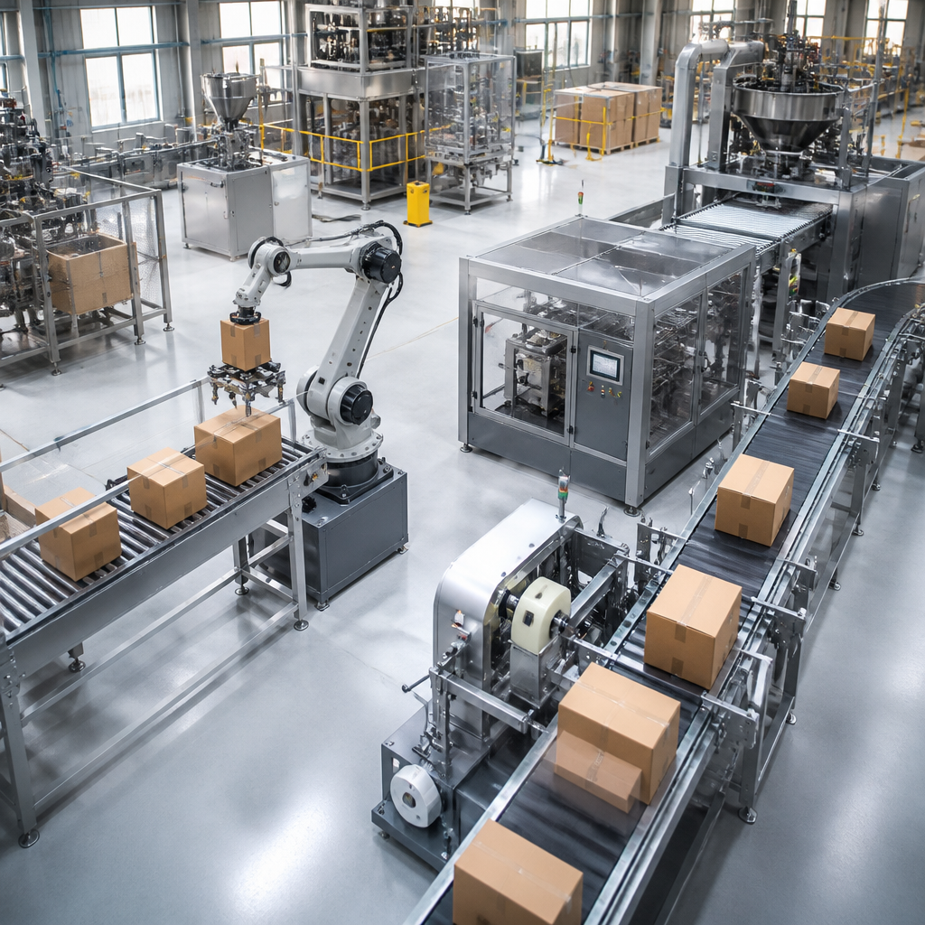 Nhà máy sản xuất bao bì hiện đại với máy móc tự động hóa cao, thể hiện quy trình sản xuất tiên tiến và hiệu quả