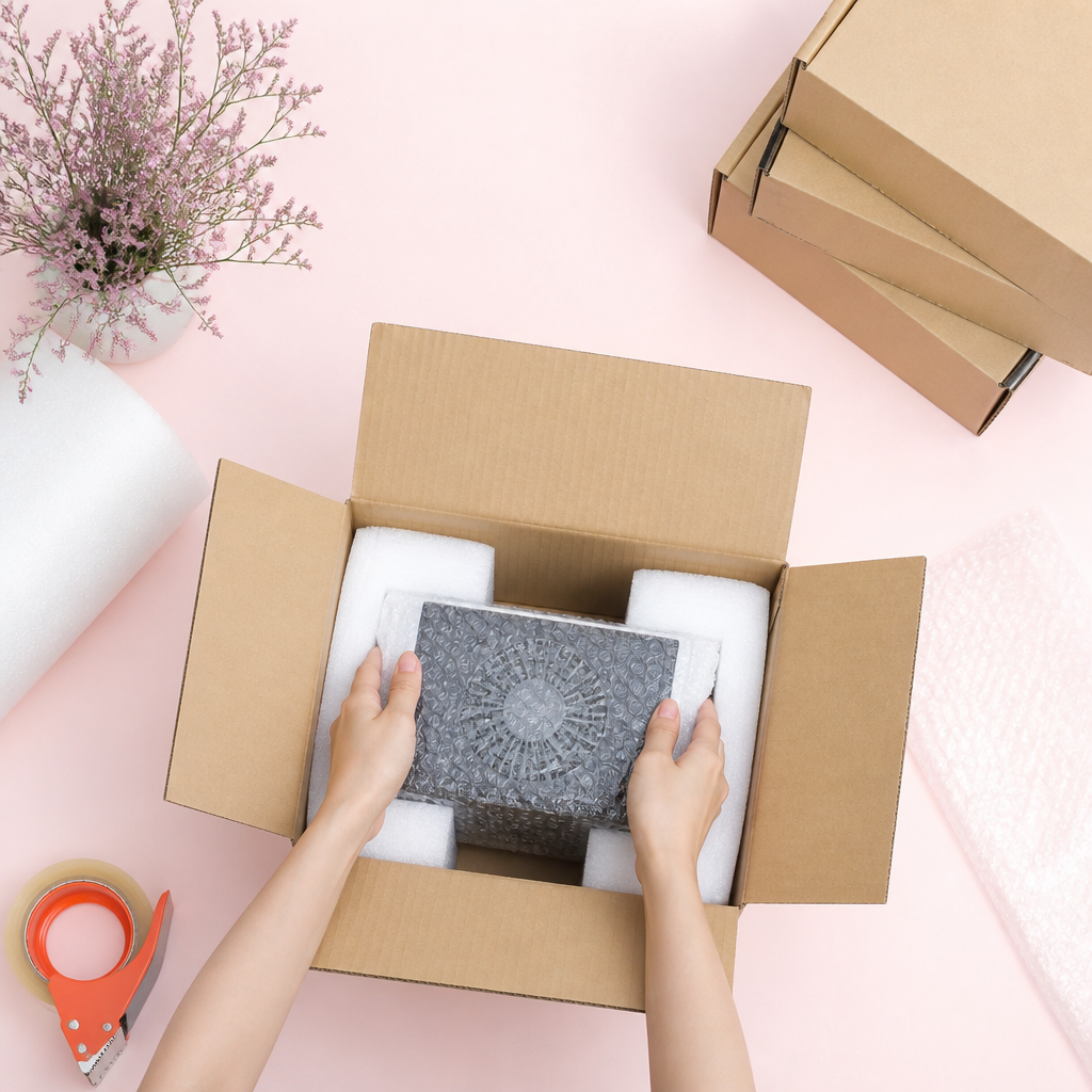 Thùng carton 5 lớp đang được sử dụng để đóng gói thiết bị điện tử cỡ vừa
