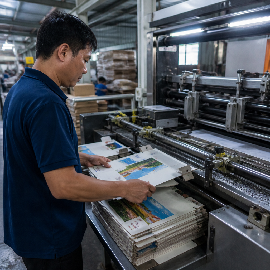 Máy in đang sản xuất hàng loạt thùng carton 5 lớp với logo và thông tin thương hiệu