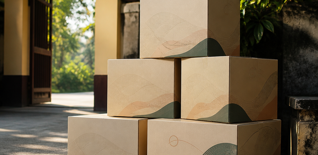 Những thùng carton in logo và thông điệp thương hiệu đang chờ được đóng gói