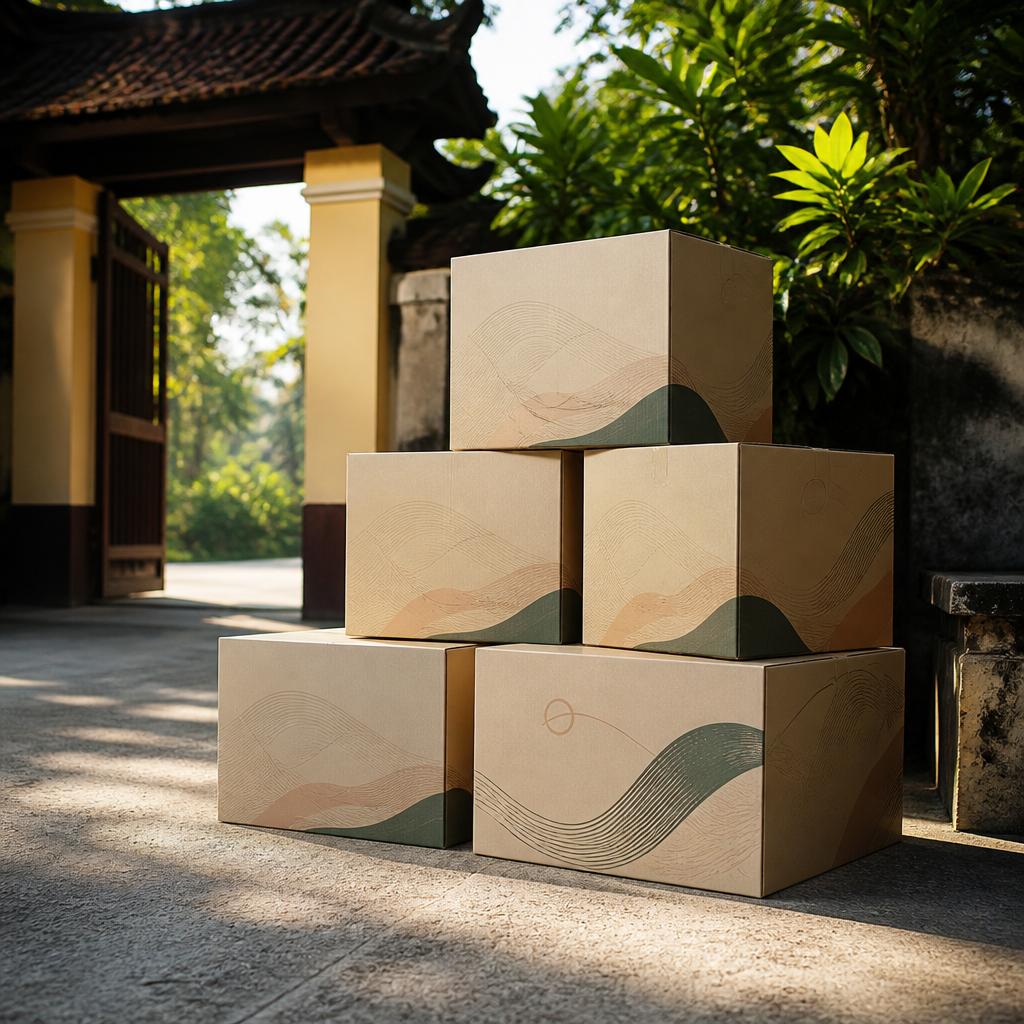 Những thùng carton in logo và thông điệp thương hiệu đang chờ được đóng gói