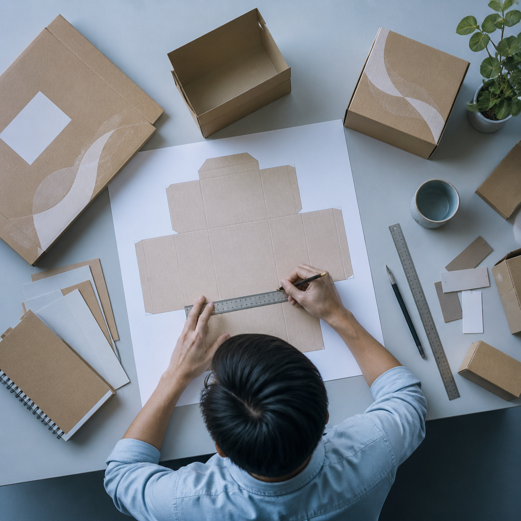 Kỹ sư đang đo đạc và phác thảo thiết kế thùng carton trên máy tính
