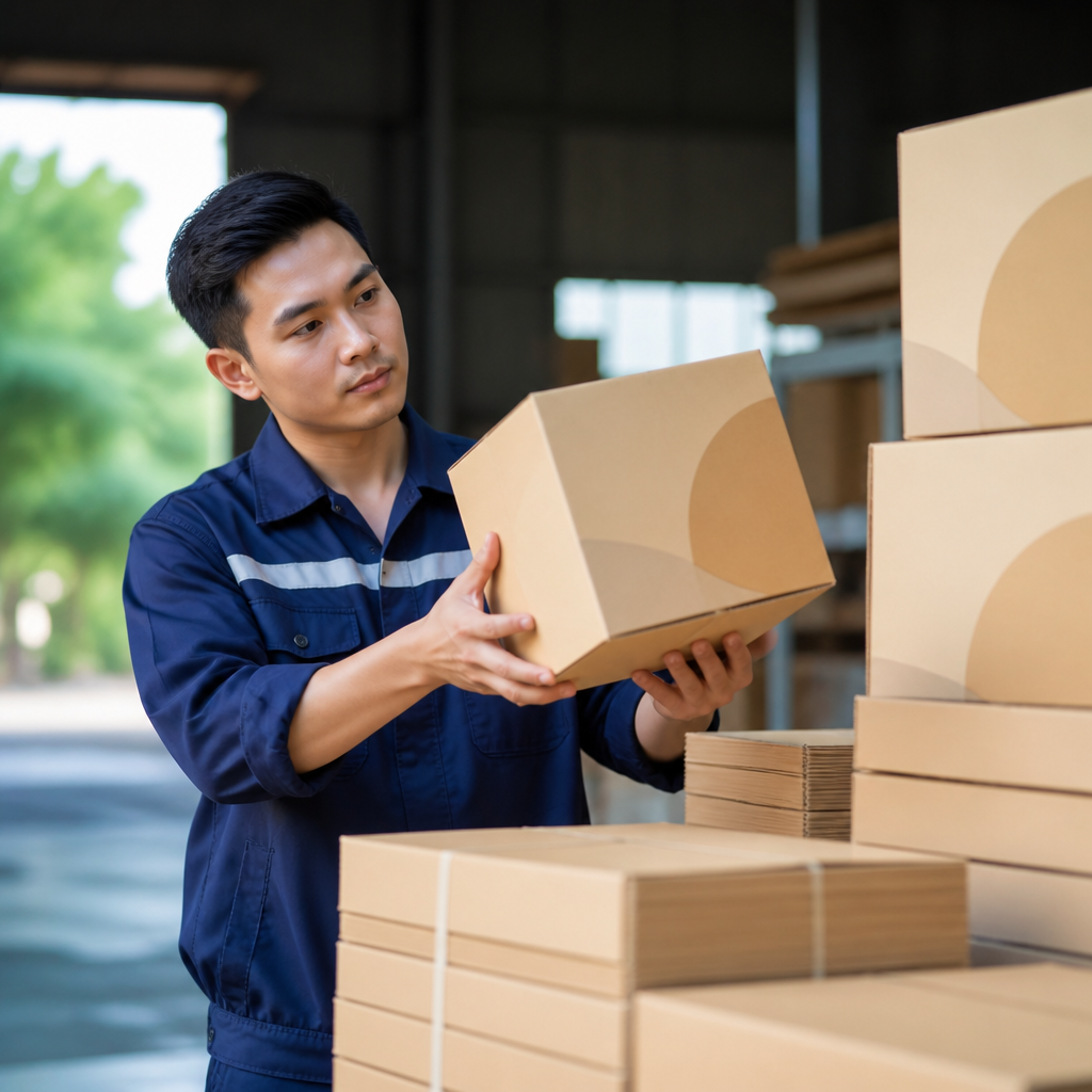 Một công nhân đang kiểm tra chất lượng của những chiếc thùng carton vừa in xong