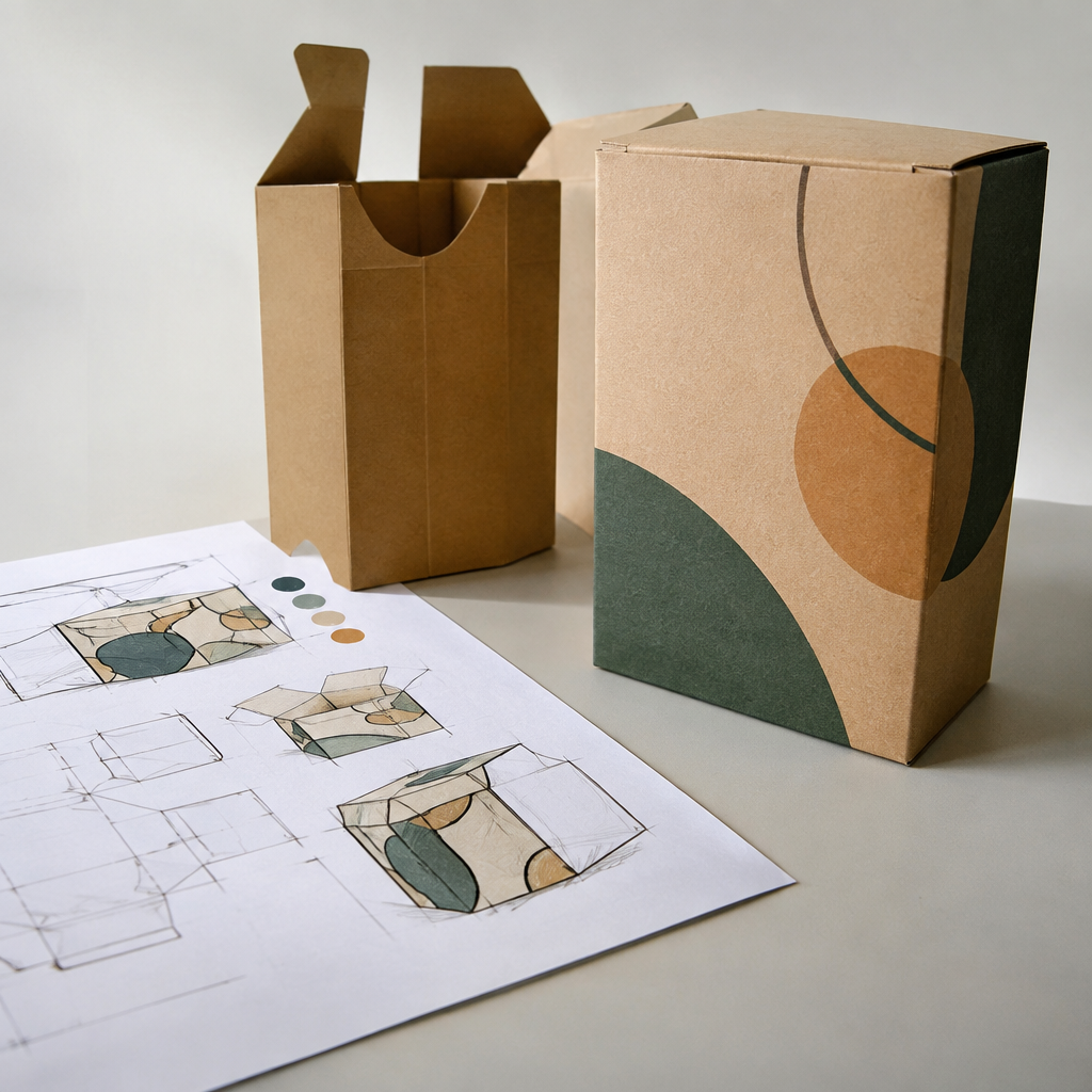 Quá trình thiết kế thùng carton với các bước phác thảo, duyệt mẫu và hoàn thiện bản vẽ.