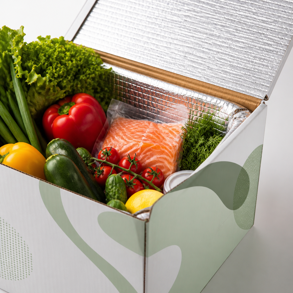 Thùng carton cách nhiệt được thiết kế đặc biệt để giữ tươi thực phẩm, có lỗ thông khí và ngăn đá gel.