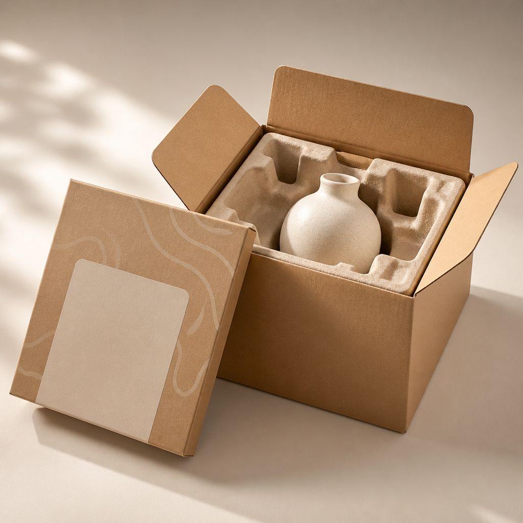 Hộp carton chắc chắn với các tấm lót cắt khuôn để cố định và bảo vệ sản phẩm gốm sứ dễ vỡ.