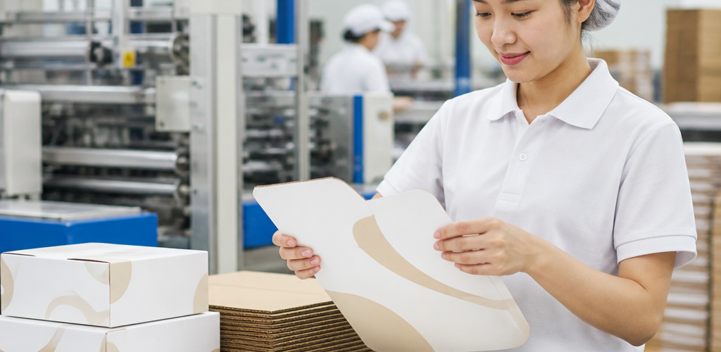 Thùng carton thực phẩm đang được sản xuất trong nhà máy đạt chuẩn vệ sinh