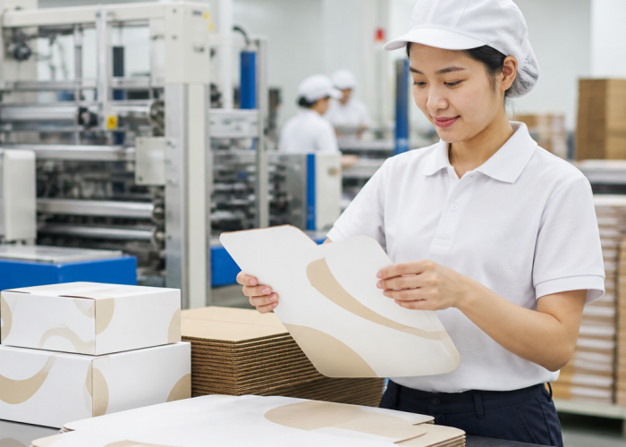 Thùng carton thực phẩm đang được sản xuất trong nhà máy đạt chuẩn vệ sinh