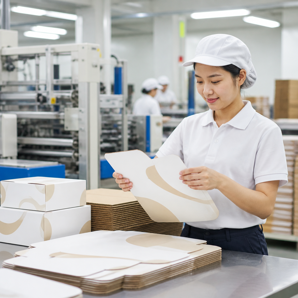 Thùng carton thực phẩm đang được sản xuất trong nhà máy đạt chuẩn vệ sinh