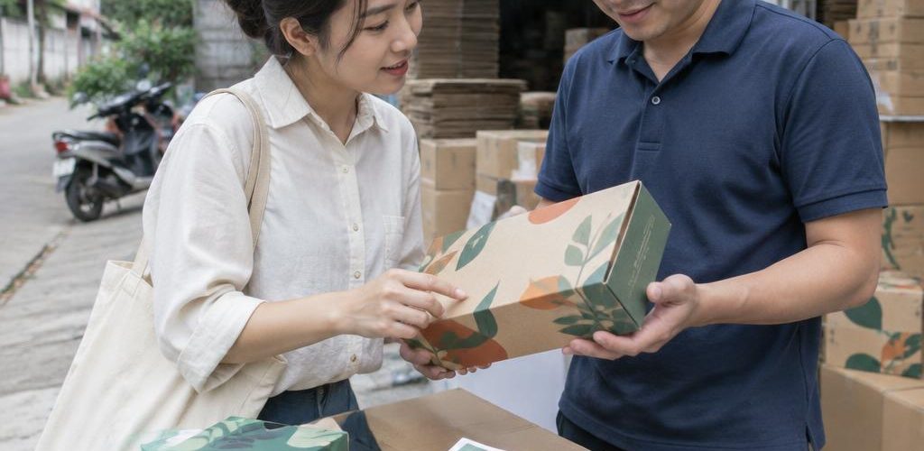 Khách hàng trao đổi yêu cầu in thùng carton với nhân viên tư vấn để nhận báo giá in thùng carton.