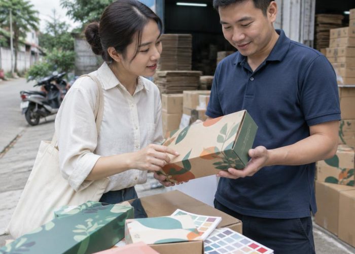 Khách hàng trao đổi yêu cầu in thùng carton với nhân viên tư vấn để nhận báo giá in thùng carton.