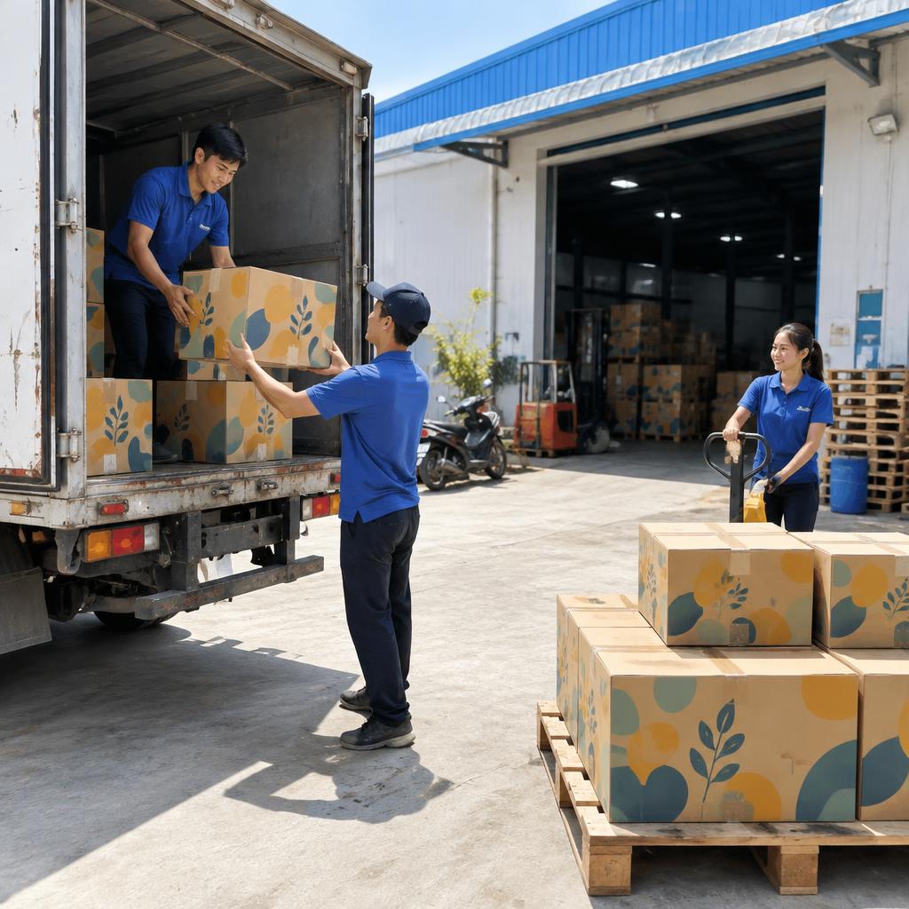 Xe tải vận chuyển các kiện thùng carton đến tay khách hàng.