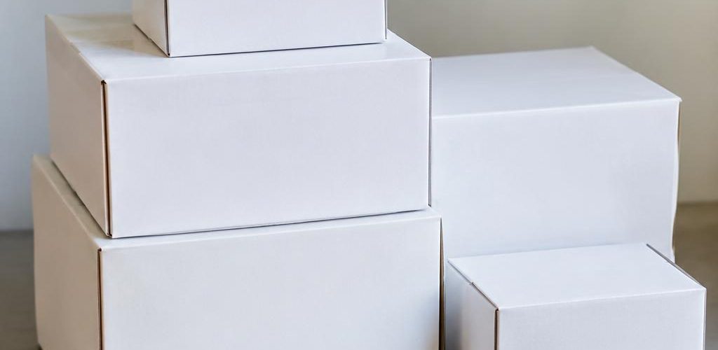 Những chồng hộp carton trắng tinh tế, sẵn sàng cho việc đóng gói