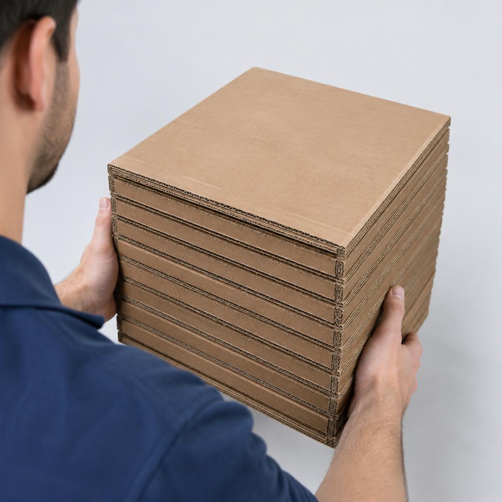 Thùng carton 7 lớp được chất đầy hàng hóa nặng, xếp chồng lên nhau trong kho.