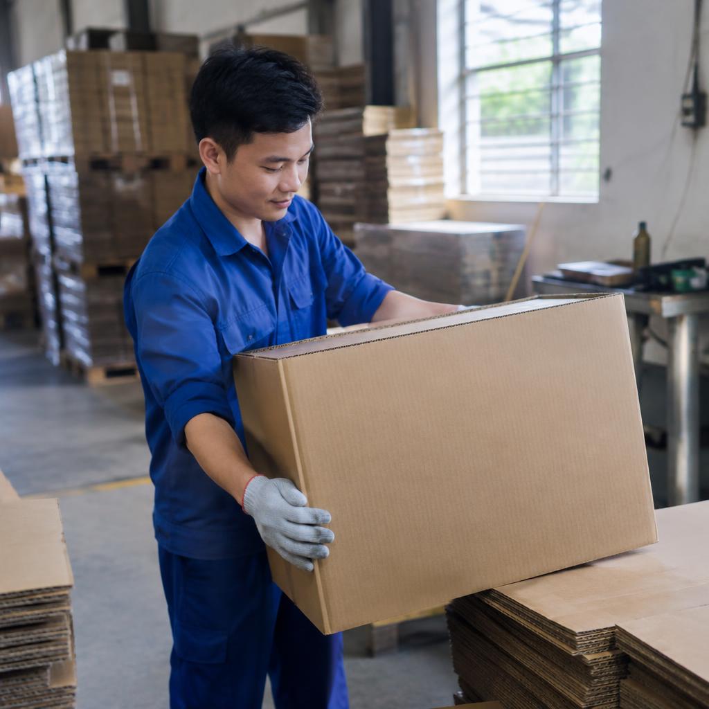 Người công nhân đang kiểm tra chất lượng thùng carton 7 lớp trước khi đóng gói sản phẩm.