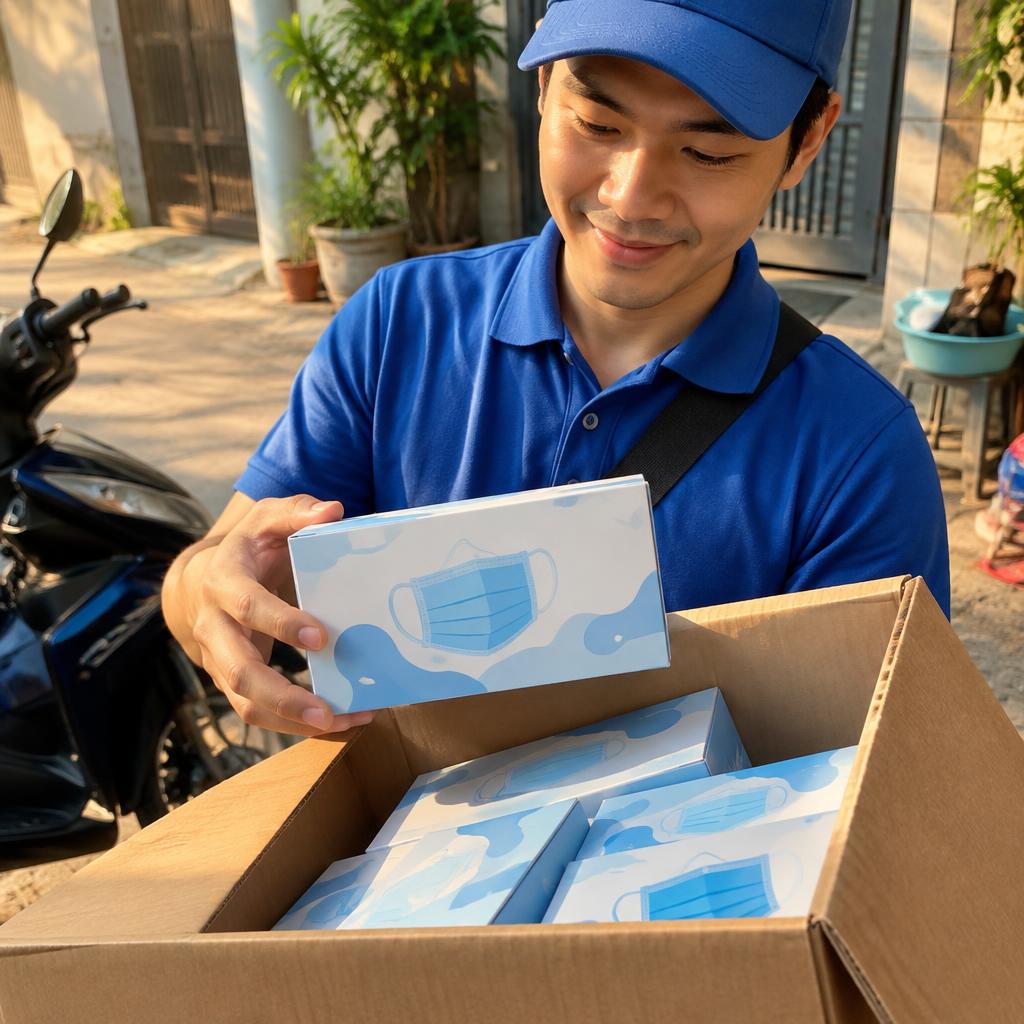 Một thùng carton đựng khẩu trang đã được đóng gói cẩn thận, đặt trên pallet sẵn sàng vận chuyển, thể hiện quy trình giao hàng chuyên nghiệp.