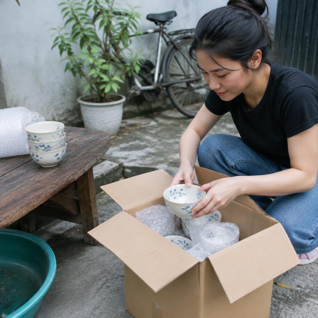 Đóng gói đồ dễ vỡ vào thùng carton lớn bằng vật liệu bảo vệ