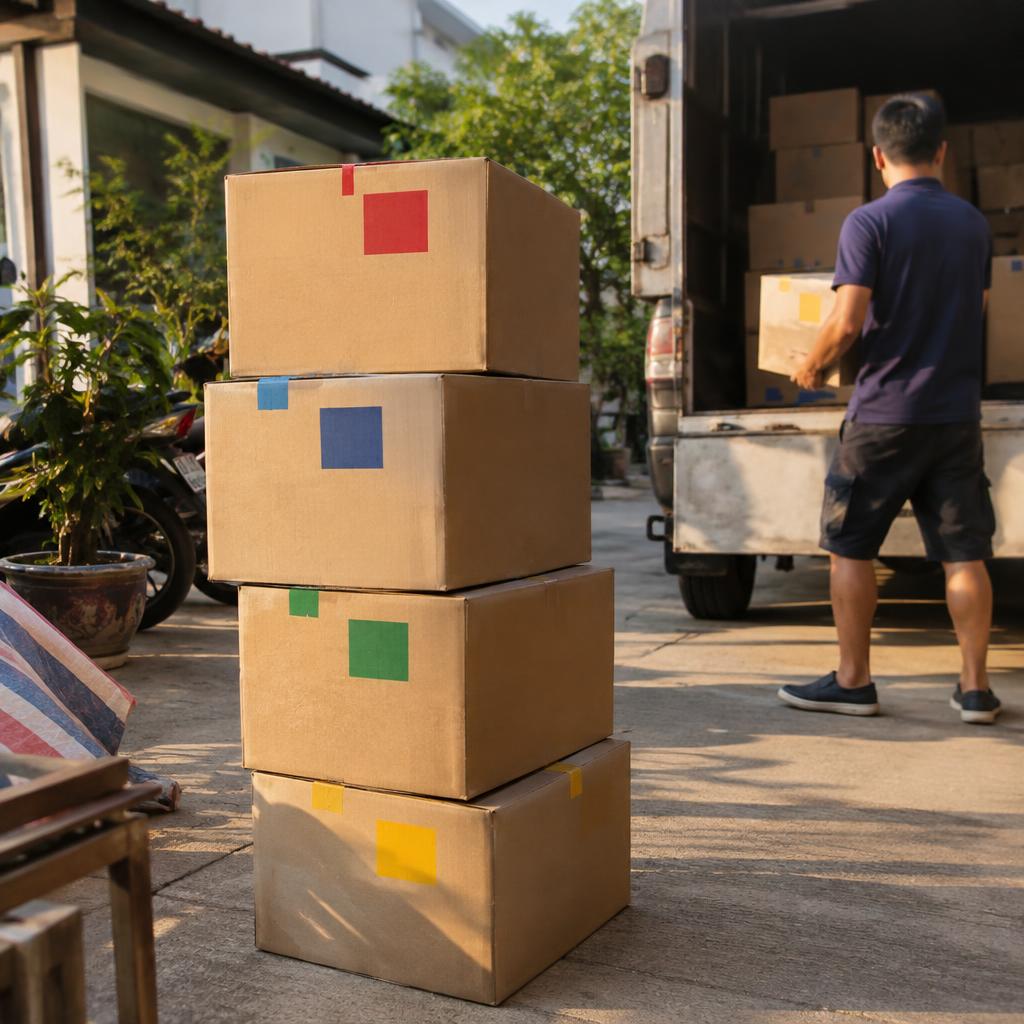 Thùng carton lớn chuyển nhà được dán nhãn màu sắc và mô tả rõ ràng